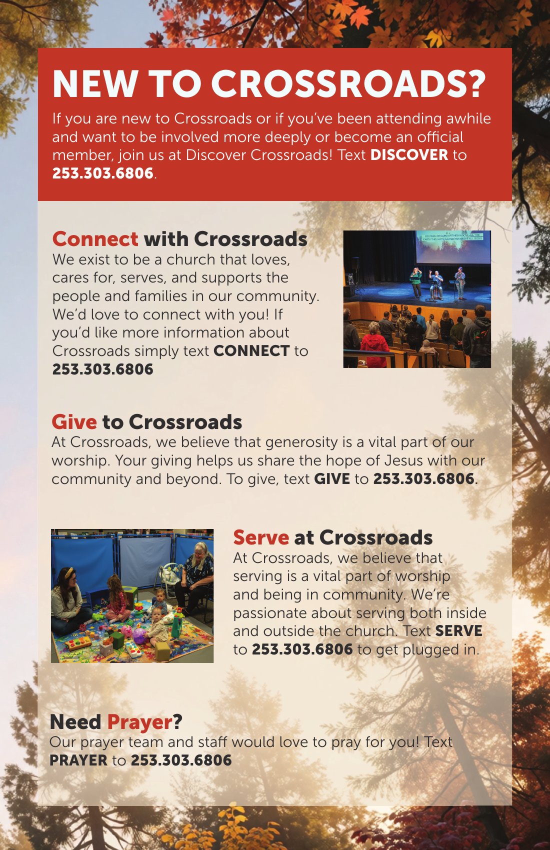 New to Crossroads? Connect, give, serve, and prayer