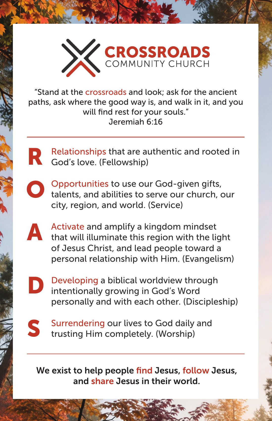 The ROADS values of Crossroads Community Church