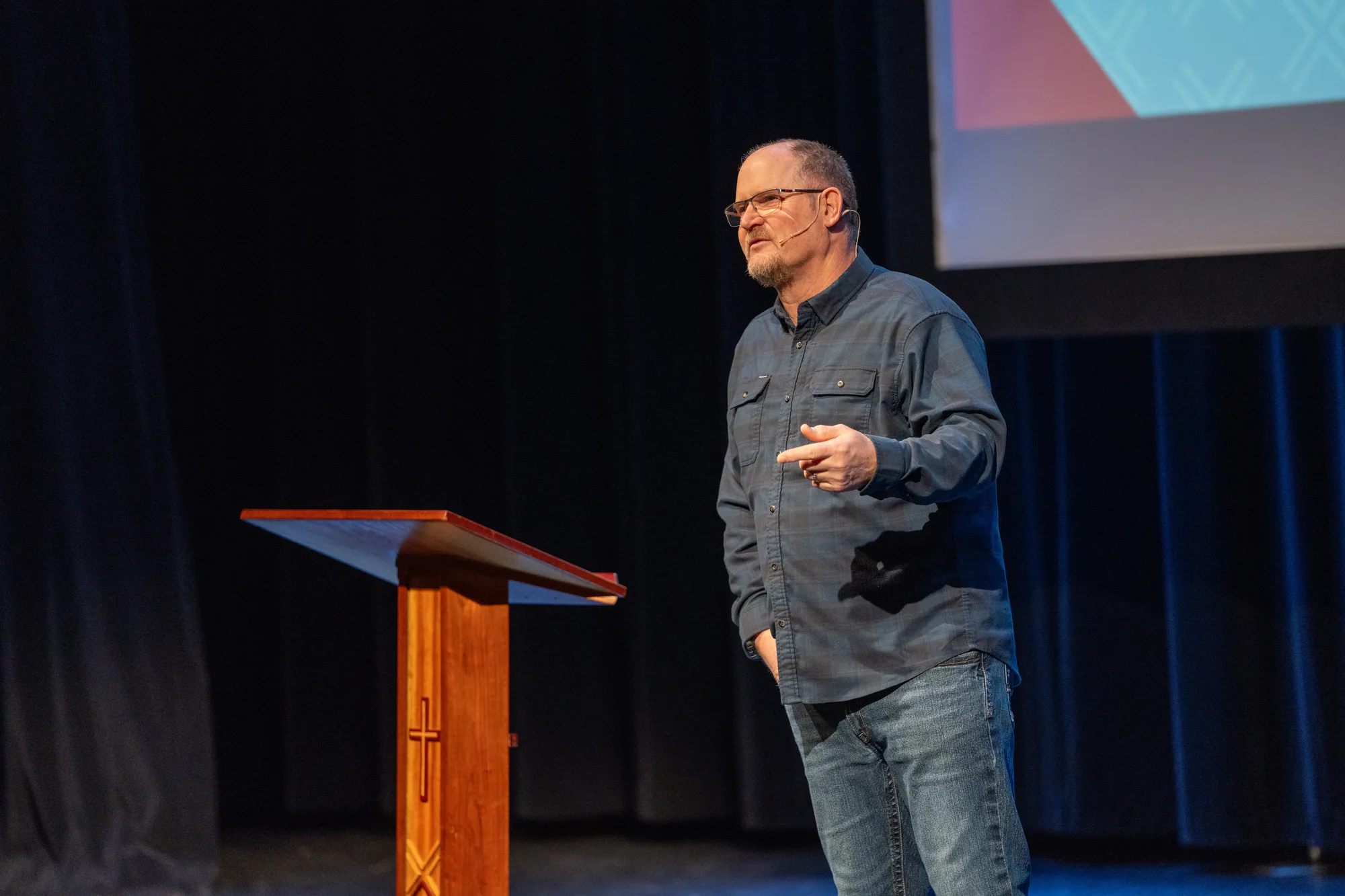 Pastor teaching during a Crossroads Community Church Sunday service